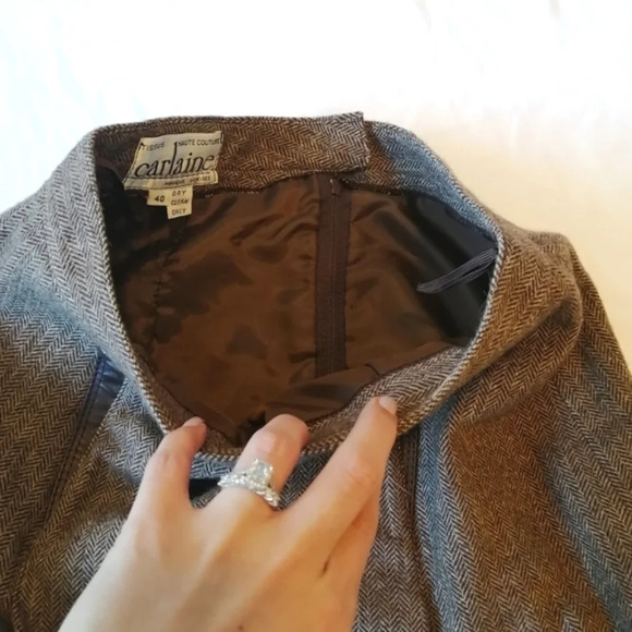 Vintage Wool Herringbone Pleated Brown Midi Skirt with Leather Accents 40 Small - Picture 7 of 14